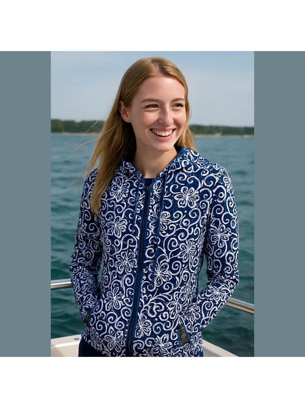 Vintage Liz Claiborne Navy White Floral Boho Hoodie jacket lightweight cruise